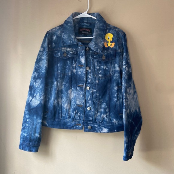 New Members Only Looney Tunes ACME Denim Jacket Bleach Tie Dye Acid Wash Large - Picture 2 of 16